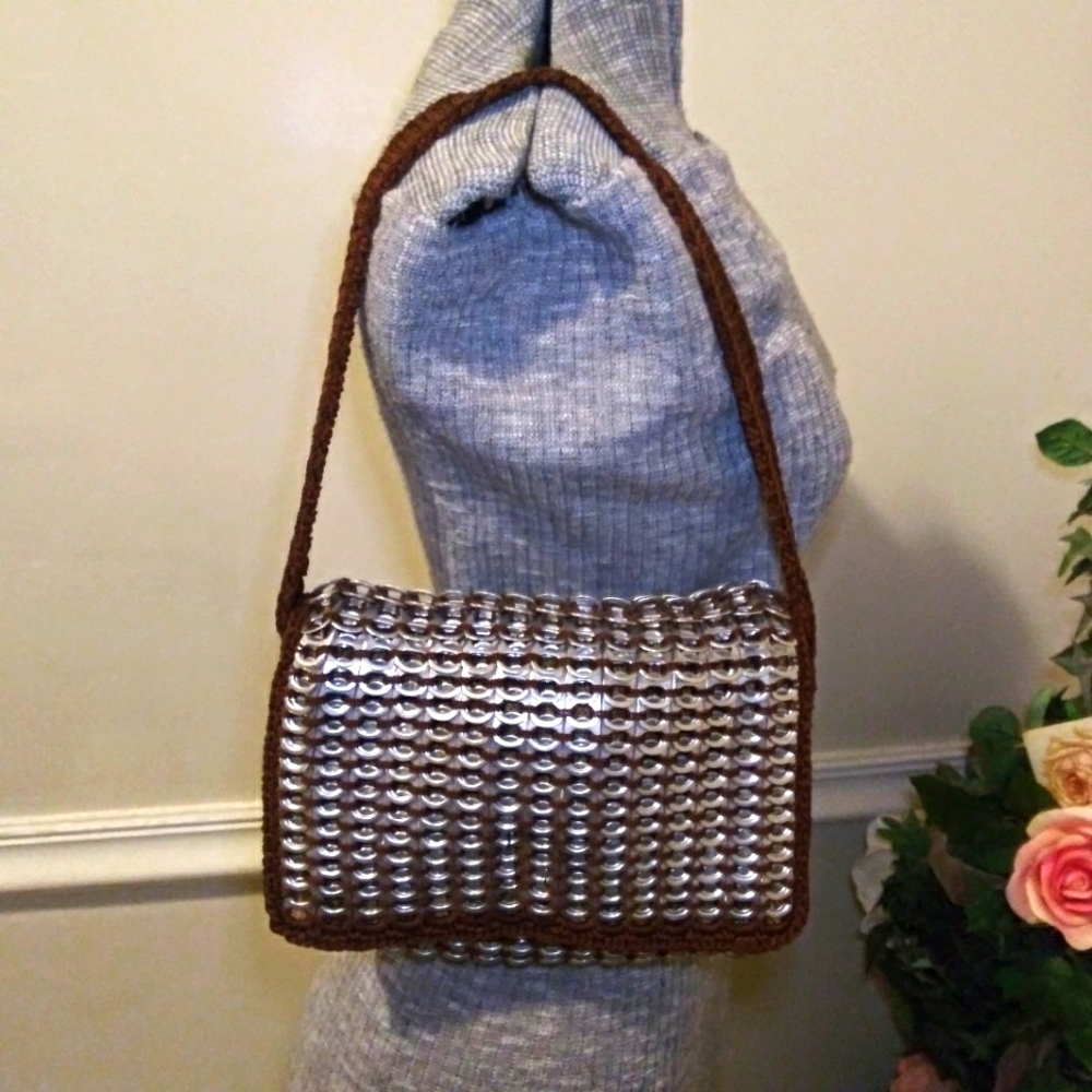 Boho One-Of-A-Kind Handmade Silver Soda Tab Trimmed Brown Crocheted Shoulder Bag